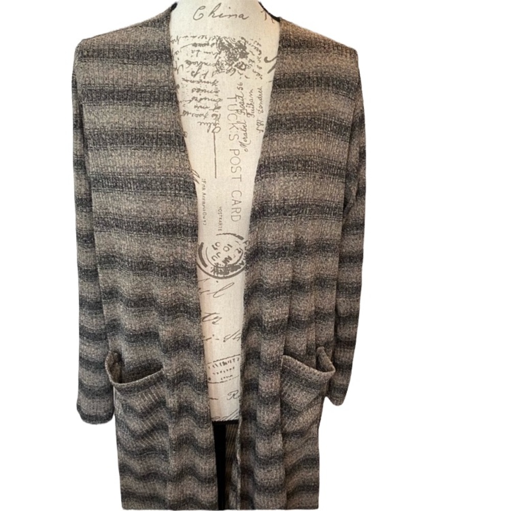 LulaRoe Duster Cardigan Sweater Stripe Open‎ Front Long Line Black Tan Medium